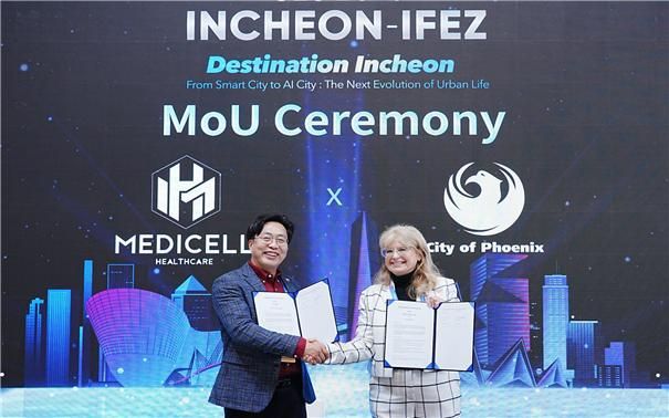 메디셀헬스케어는 지난 7일(현지 시간) 애리조나주 최대 도시이자 공공 보건·의료 정책을 총괄하는 피닉스시(City of Phoenix)와 업무협약(MOU)을 체결했다. 인천경제청 제공.