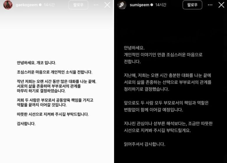 그룹 다이나믹듀오 개코가 인스타그램에 올린 입장문(왼쪽), 김수미가 인스타그램에 올린 입장문/사진=개코 인스타그램, 김수미 인스타그램 캡처