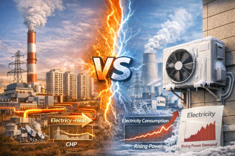 지역난방·열병합(CHP) 체계와 히트펌프 간 충돌을 표현한 생성형 이미지. 챗GPT