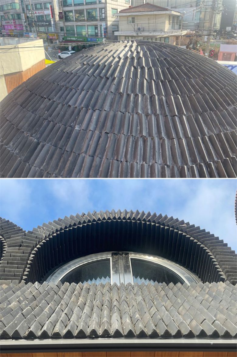 한국의 1세대 현대건축가 김중업이 1984년 설계한 서울 서대문구 '연희정음'의 특징 중 하나인 지붕 위 삼각 전돌과 아치형 창. /사진=서윤경 기자