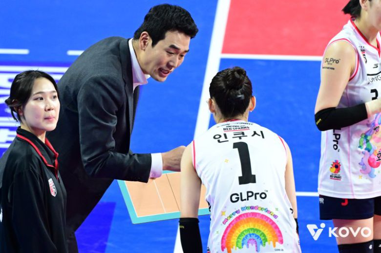 인쿠시에게 세부 전술을 설명하는 고희진 감독(왼쪽).KOVO 제공