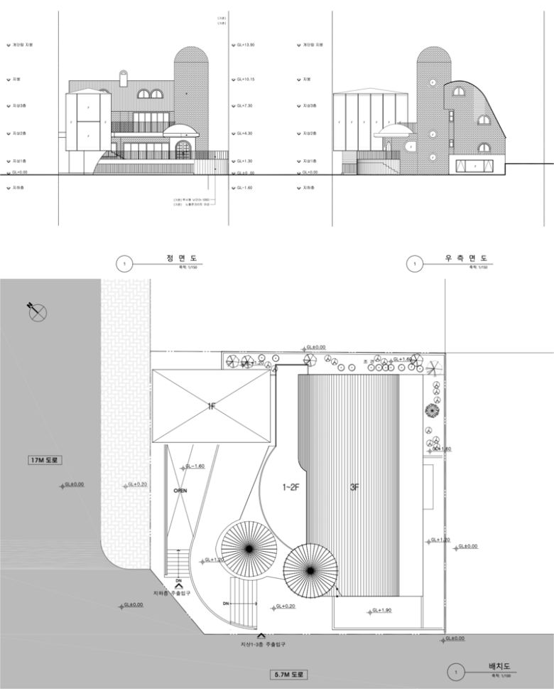 한국의 1세대 현대건축가 김중업이 1984년 설계한 서울 서대문구 '연희정음'이 복원의 모습을 담은 설계도면. /제공=쿠움파트너스