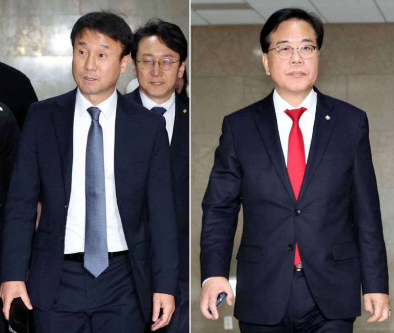 한병도 더불어민주당 원내대표와 송언석 국민의힘 원내대표가 19일 오후 서울 여의도 국회 운영위원장실에서 열린 여야 원내대표 회동에 각각 참석하고 있다. 뉴시스