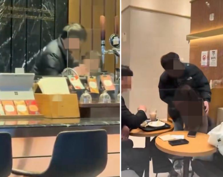 지난 16일 프랜차이즈 카페들을 다니며 연쇄 성추행을 한 남성의 모습이 온라인에 올라왔다. /사진=스레드 캡처