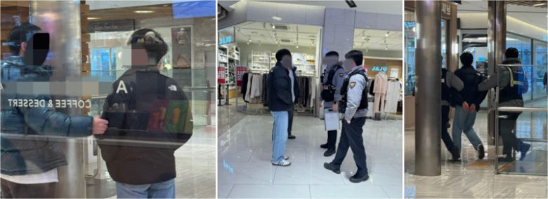 지난 16일부터 이틀간 한 프랜차이즈 카페에서 연쇄 성추행을 한 남성이 경찰에 연행되는 모습이 올라왔다. /사진=스레드 캡처