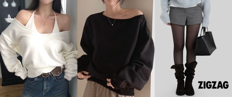 어깨를 드러낸 상의와 쇼츠 아이템. 지그재그 제공