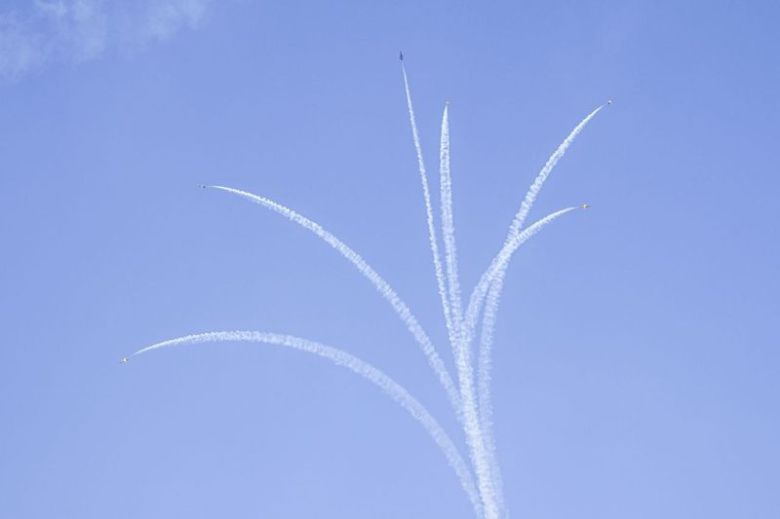 공군 특수비행팀 블랙이글스가 에어쇼에서 무궁화 꽃잎을 형상화한 무궁화 기동을 선보이고 있다. 공군 제공