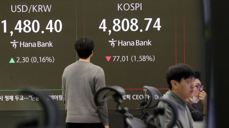 코스피가 전 거래일(4885.75)보다 76.81p(1.57%) 하락한 4808.94에 개장한 21일 오전 서울 중구 하나은행 딜링룸 전광판에 지수가 표시되고 있다. 사진=뉴시스
