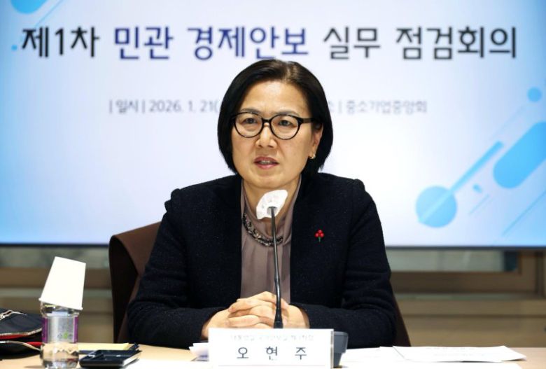 오현주 청와대 국가안보실 제3차장이 21일 서울 영등포구 중소기업중앙회에서 민관 경제안보 실무 점검회의를 주재하고 있다. 청와대 제공