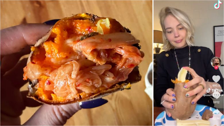 틱톡 등 SNS에서 군고구마를 맛있게 먹는 방법을 소개하는 영상이 인기를 끌고 있다. 오른쪽 사진은 푸드 인플루언서 코트니 쿡이 고구마에 치즈 스틱을 넣은 '선생님 점심' 레시피를 소개하는 모습. /사진=틱톡 캡처