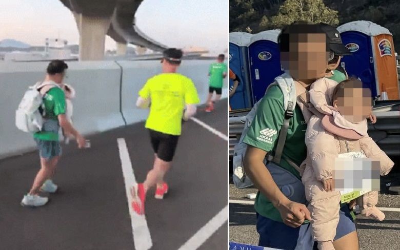 지난 21일(현지시간) 홍콩에서 열린 마라톤 대회에서 한 남성 참가자가 아기를 가슴에 안고 배낭을 멘 채 달리는 모습이 포착됐다. 출처=SNS, 연합뉴스