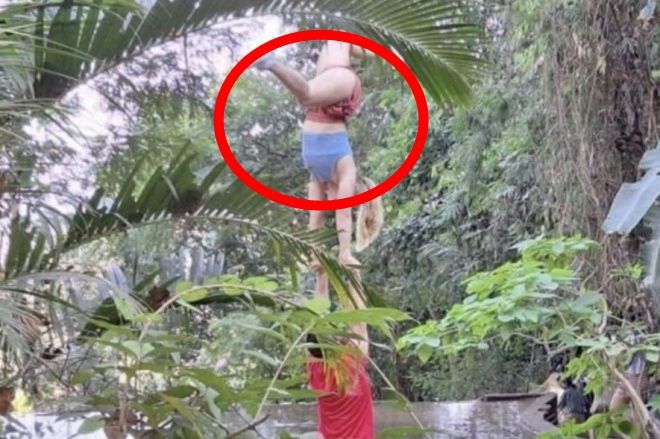 태국 왓파랏 사찰에서 노출이 심한 옷을 입은 관광객이 아크로 요가를 하고 있다. 사우스차이나모닝포스트(SCMP) 캡처