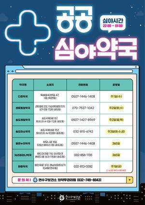 인천 연수구는 심야시간대 주민의 의약품 접근성을 개선하고 지역 의료 안전망을 강화하기 위해 공공심야약국 7곳을 운영한다. 연수구 제공.