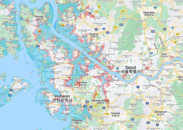 2도 상승했을 경우 침수지역은 파란색, 4도 상승했을때 추가로 붉은색 표시 지역까지 침수가 예상된다. (자료출처=Climate Central)