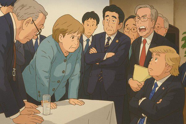 2008년 G7 정상회의에서 메르켈 독일 총리가 팔짱을 낀 채 앉아 있는 트럼프 대통령에게 뭔가 어필하는 듯한 지브리 이미지. 사진=페이스북