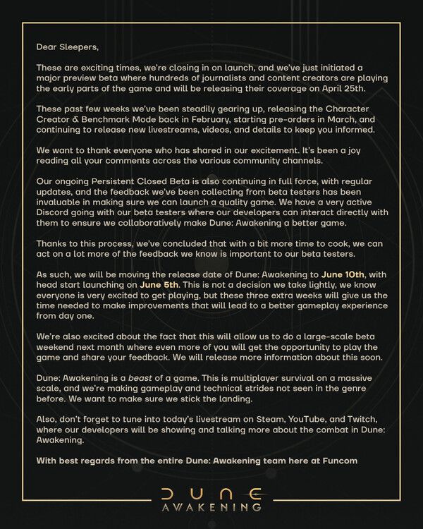 - 듄 어웨이크닝 출시 연기 공지 전문 (출처 : 듄 어웨이크닝 공식 X)