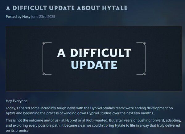 - 스튜디오 폐쇄 및 하이테일 개발 취소 공지 일부 (출처 : 하이픽셀 스튜디오 공식 홈페이지)