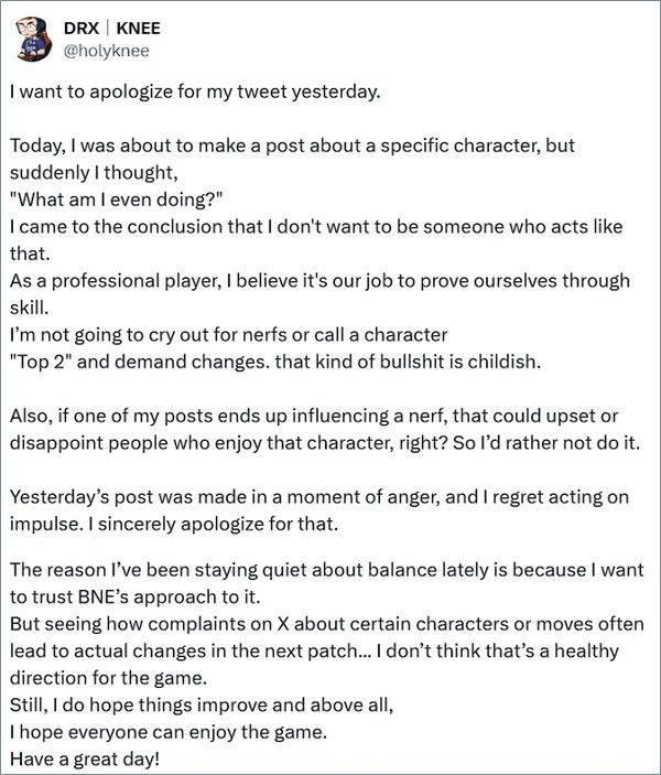 - 뜨거웠던 캐릭터 밸런스 논쟁에 사과한 무릎 [출처: 무릎 X]