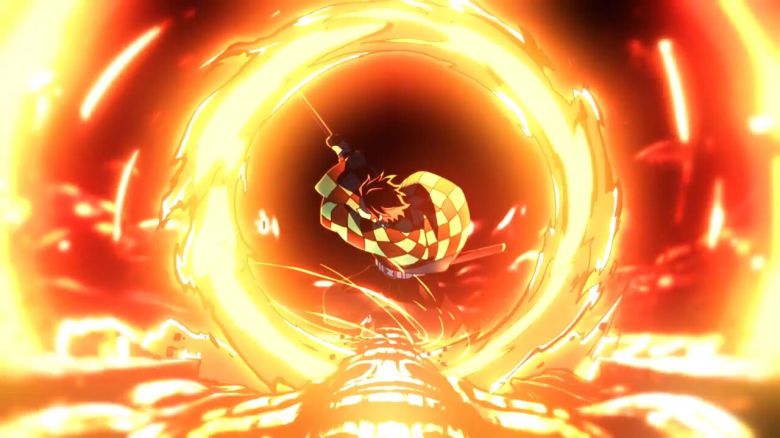 - 열차와 융합된 엔무를 쓰러뜨리는 탄지로