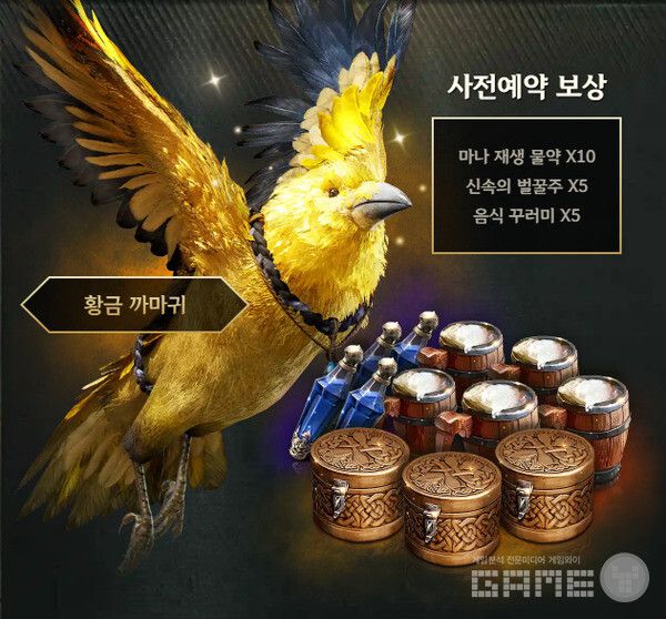 위메이드 레전드 오브 이미르 사전예약 보상으로는 황금 까마귀와 마나 재생 물약X10, 신속의 벌꿀 주X5, 음식 꾸러미X5가 지급된다.