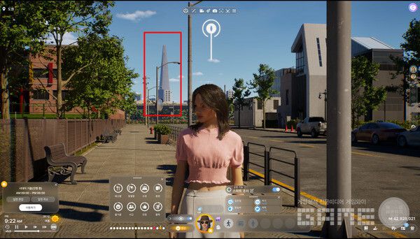 여기는 롯데타워가 보이는 잠실인가? 길을 나서는 여성 조이 뒤로 123타워가 보인다. 인조이 /게임와이 촬영