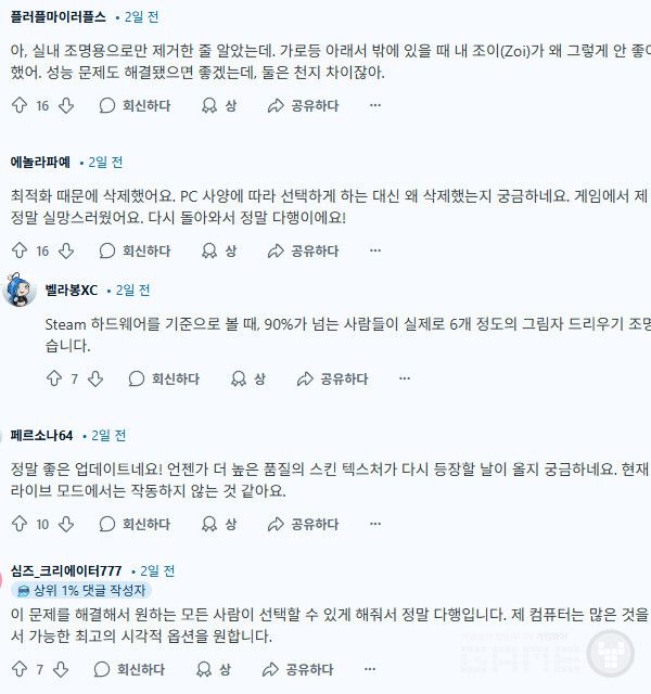 정말 좋은 업데이트임에도 불구하고 pc 사양 걱정이 되는 이용자도 있다. /레딧