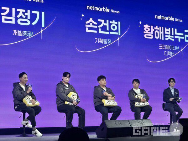 (왼쪽부터) 넷마블 조성영 사업본부장, 김정기 개발총괄, 손건희 기획팀장, 황해빛누리 크리에이티브 디렉터 / 게임와이 촬영
