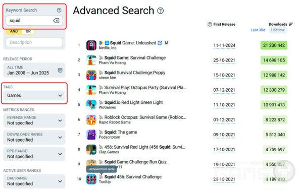 다운로드 기준 상위 squid 게임