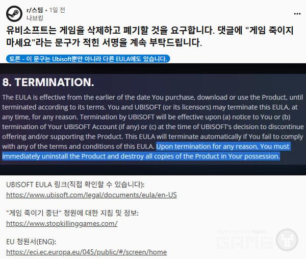 이 조항은 온라인 커뮤니티에서 격렬한 반발을 불러일으켰다. 스톱 킬링 게임즈 운동 지지자들은 이를 게임 소유권에 대한 정면 도전으로 받아들이고 있다.