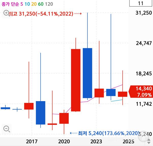 넥슨게임즈도 소폭이지만 상승했다. 7.09%가 올랐다. 다른 게임사들과 큰 차이를 보이는 것은 해마다 주가 변동성이 컸다는 부분이다.