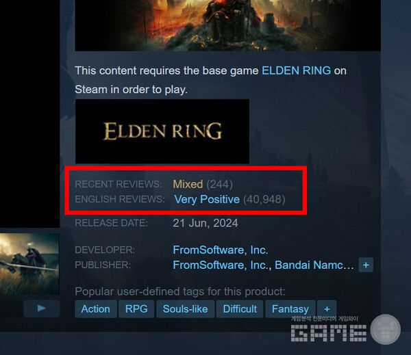 지난 21일 출시된 엘든링: 황금나무의 그림자는 과도하게 높은 난도로 스팀 평가 '복합적'을 기록 중이다.