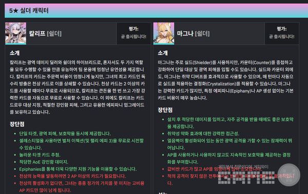 프라이드웬 인스티튜트(Prydwen Institute)는 칼리페가 광역 실더-딜러 하이브리드로 두 역할 모두 충분히 수행할 수 있어 팀 유연성이 뛰어나다며 최우선 리세마라 대상으로 추천했다.