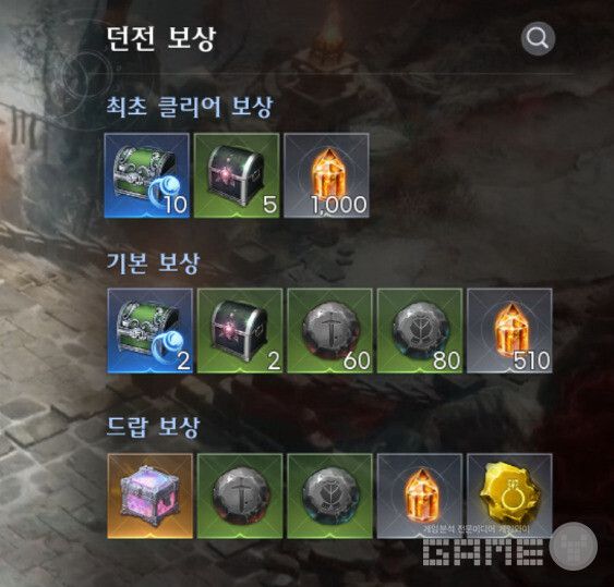 유디아 던전의 보상을 위와 같다.