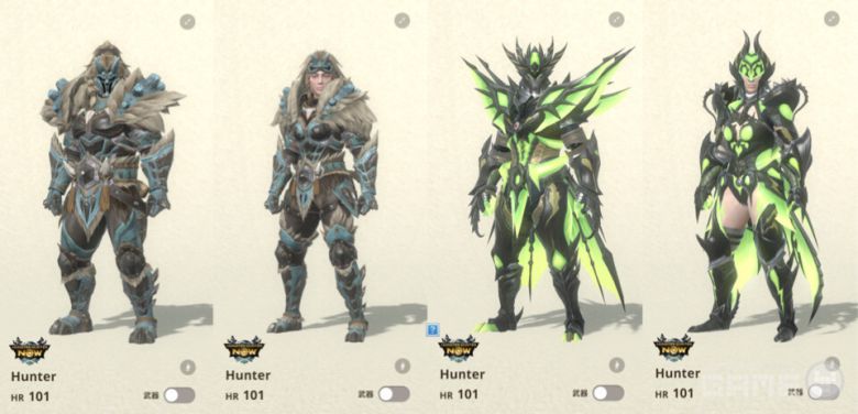 왼쪽부터 고샤하기 장비 타입 1, 타입 2, 라이젝스 장비 타입 1, 타입 2 / 캡콤 제공