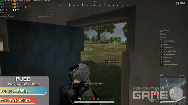 배틀그라운드(PUBG)는 720p 최저 설정에서 평균 53프레임으로 플레이 가능했다.