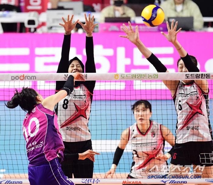 8일 인천 삼산월드체육관에서 배구 V리그 여자부 챔피언결정전 5차전 흥국생명과 정관장의 경기가 열렸다. 흥국생명 김연경이 정관장 블로킹을 앞에 두고 스파이크를 날리고 있다. 인천=송정헌 기자songs@sportschosun.com/2025.04.08/