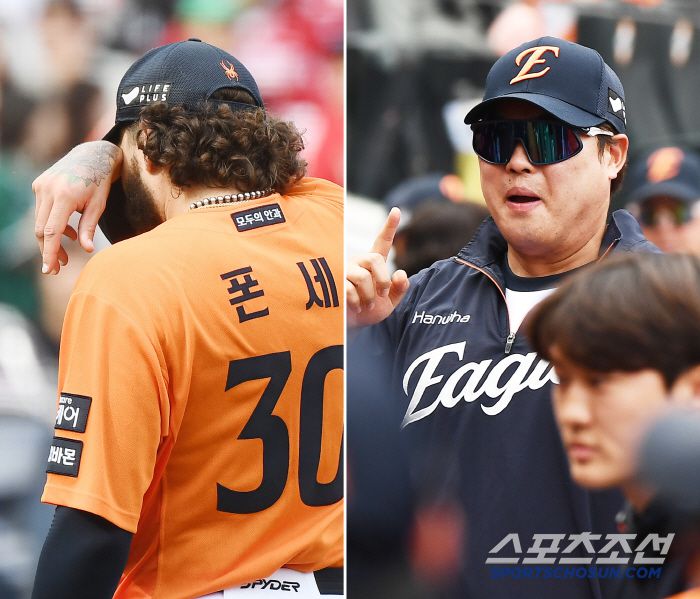 감격의 눈물 흘리며 18K 신기록을 세운 폰세를 향해 류현진이 '1이닝 더?'를 가리켰다. 사진=정재근 기자
