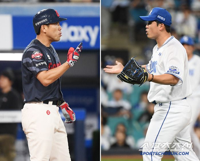 전준우가 '두 번째야'라고 불만을 표시하자 최원태가 두 팔을 벌리며 맞섰다.