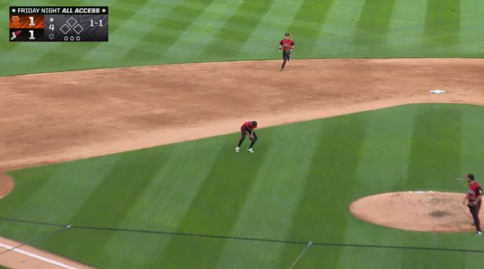 이정후가 4회초 타석에 들어서자 화이트삭스 3루 조시 로하스가가 2-3루 라인 앞 잔디 위에 시프트를 하고 있다가 땅볼이 오자 잡아 처리하고 있다. 사진=MLB.TV 캡처