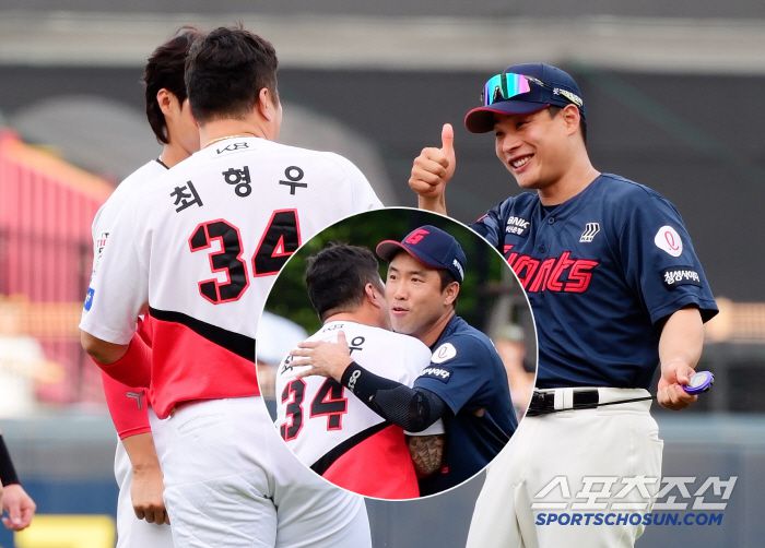 코치가 된 동생 백용환이 KIA 최형우를 찾아 반갑게 인사했다. 전준우도 존경심 가득한 표정으로 최형우와 포옹했다. 사진,영상=정재근 기자 cjg@sportschosun.com