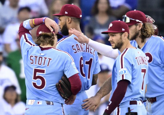 Philadelphia Phillies pitcher Cristopher Sanchez (61) is taken out of the game with two Los Angeles Dodgers runners on base in the seventh inning during game four of the MLB National League Division Series at Dodger Stadium in Los Angeles, California, on Thursday, October 9, 2025. Photo by John McCoy/UPI        <저작권자(c) 연합뉴스, 무단 전재-재배포, AI 학습 및 활용 금지>
