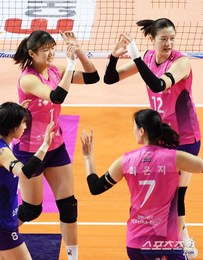 14일 인천 삼산월드체육관 열린 V리그 흥국생명과 한국도로공사 경기. 흥국생명 김다은, 이다현이 득점 후 환호하고 있다. 인천=박재만 기자 pjm@sportschosun.com/2026.01.14/