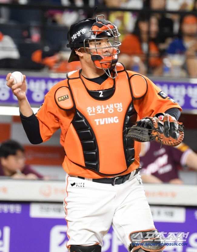14일 대전 한화생명볼파크에서 열린 한화 이글스와 키움 히어로즈의 경기. 한화 포수 이재원이 수비를 하고 있다. 대전=박재만 기자 pjm@sportschosun.com/2025.09.14/