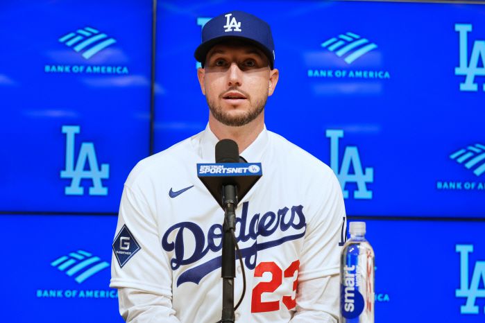 Outfielder Kyle Tucker speaks during a news conference after joining the Los Angeles Dodgers baseball team, Wednesday, Jan. 21, 2026, in Los Angeles. (AP Photo/Damian Dovarganes)  <저작권자(c) 연합뉴스, 무단 전재-재배포, AI 학습 및 활용 금지>