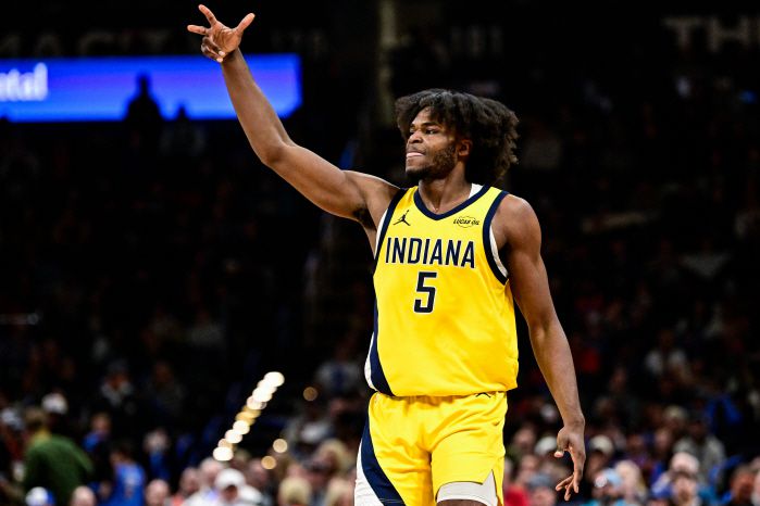 Indiana Pacers forward Jarace Walker gestures during the second half of an NBA basketball game against the Oklahoma City Thunder, Friday, Jan. 23, 2026, in Oklahoma City. (AP Photo/Gerald Leong)        <저작권자(c) 연합뉴스, 무단 전재-재배포, AI 학습 및 활용 금지>