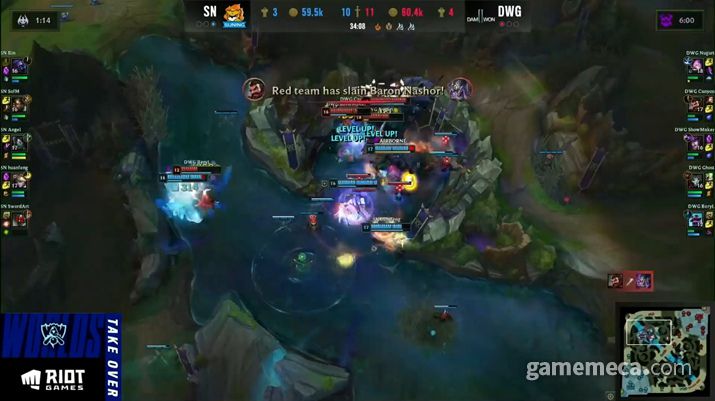 ▲ 승리를 결정지은 담원의 마지막 바론 버스트 (사진출처: 롤드컵 생방송 갈무리)