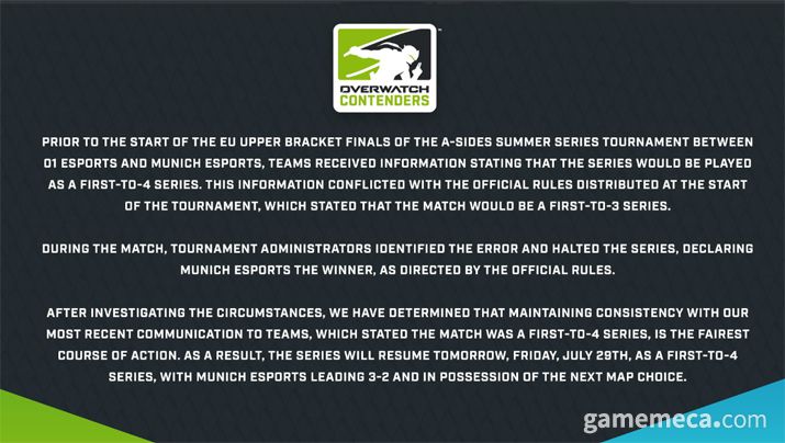 ▲ 잘못된 경기 규정 전달에 대한 블리자드 측의 공식 성명 (사진출처: 오버워치 컨텐더스 공식 트위터)