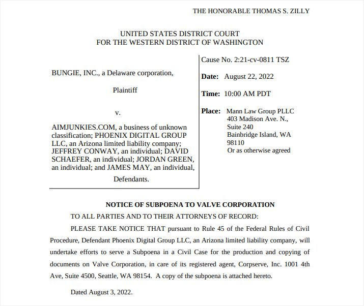 ▲ 에임정키스 측이 밸브에 송부한 소환장 (자료출처: 불법복제 사건 전문 매체 'Torrentfreak' 공식 홈페이지)