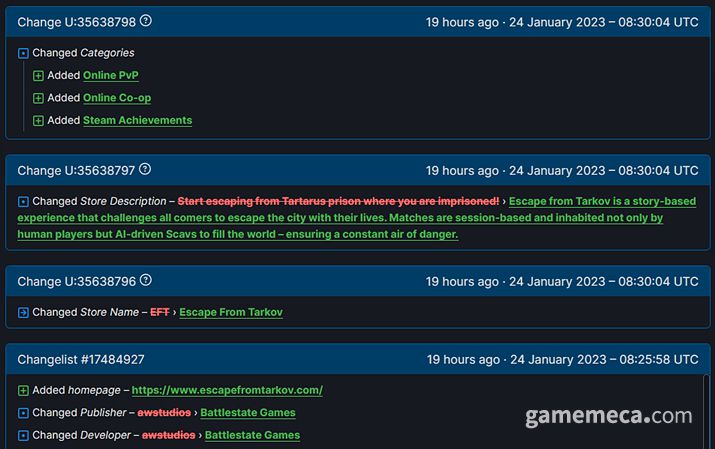 ▲ 개발자 및 퍼블리셔 수정을 시작으로 가짜 이스케이프 프롬 타르코프를 만든 정황 (사진출처: 스팀DB)
