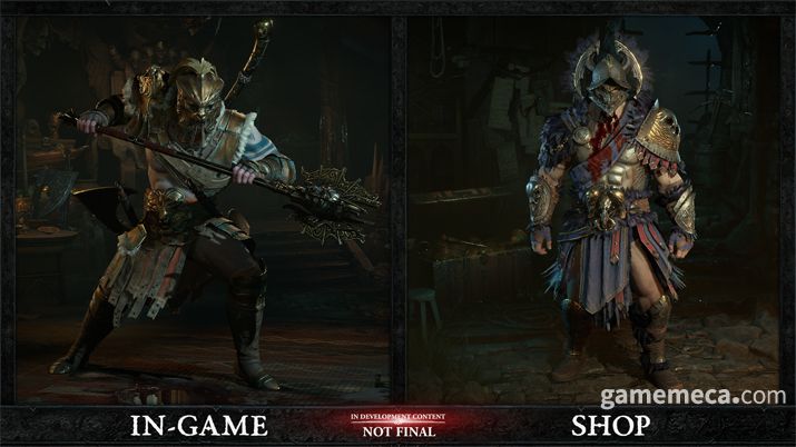 ▲ 플레이를 통해 얻을 수 있는 전설 방어구(좌)와 상점에서 판매되는 방어구 꾸미기 아이템(우) (사진출처: 디아블로 4 공식 홈페이지)